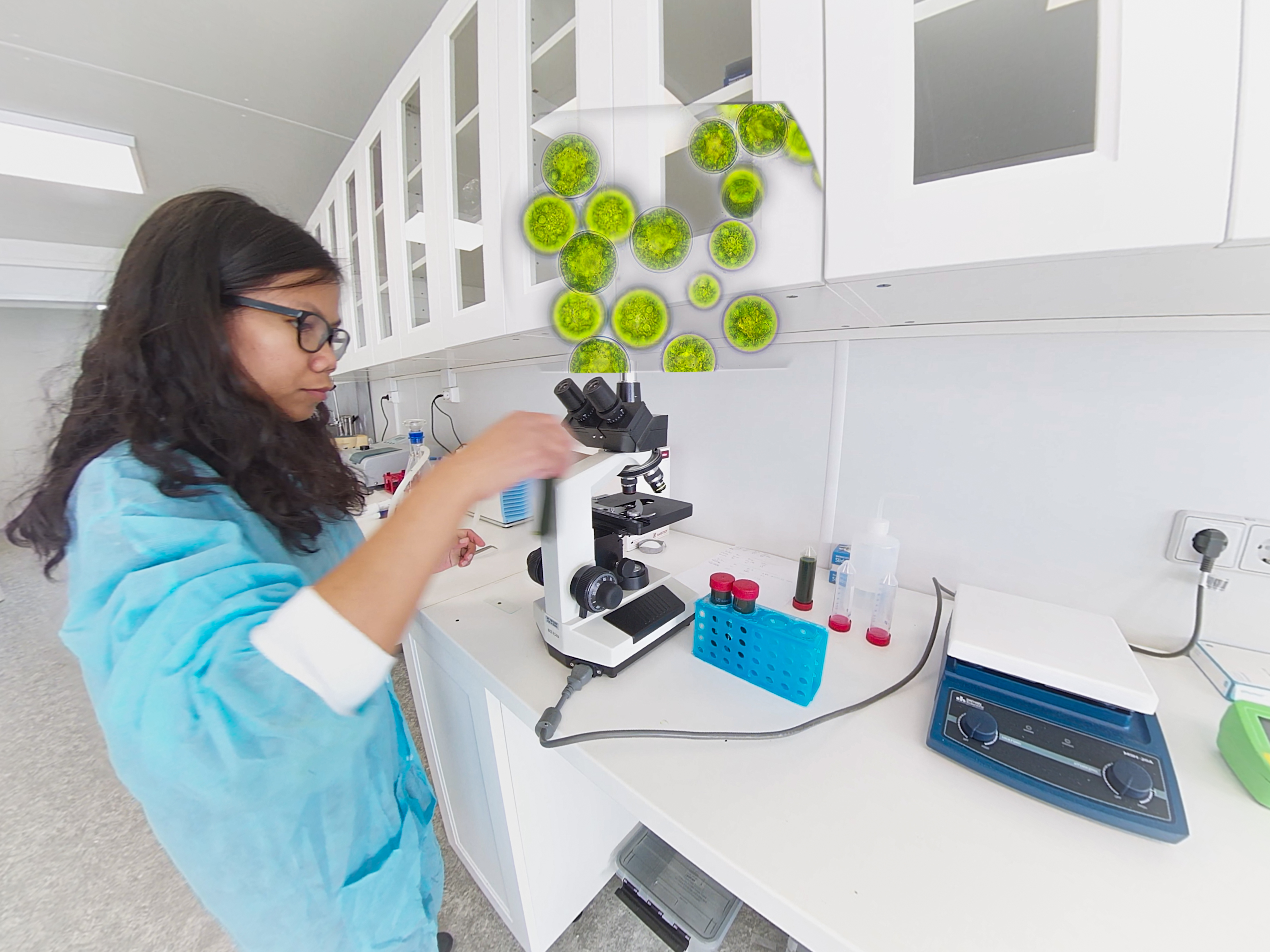 Woman looking at algae through a microscope, FutureKitchen