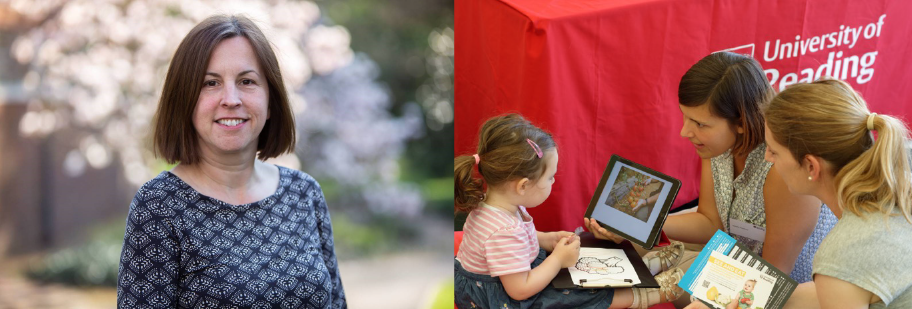 two women showing pictures of vegetables to a child on a tablet